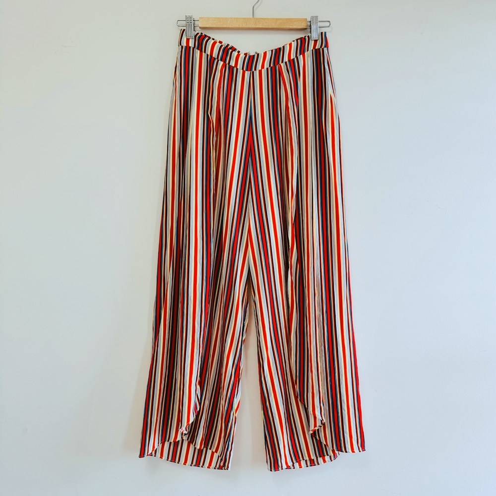 ALEXIS 100% Silk Striped Wide Leg Slit Front Pants